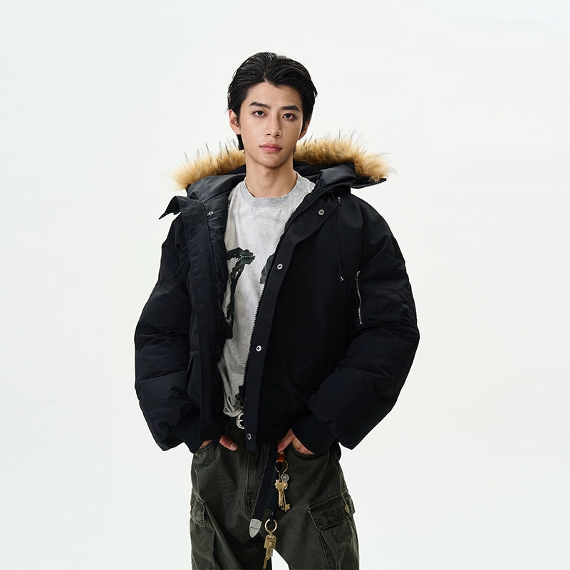 Full Zip Front Fur Hooded Puffer Jacket