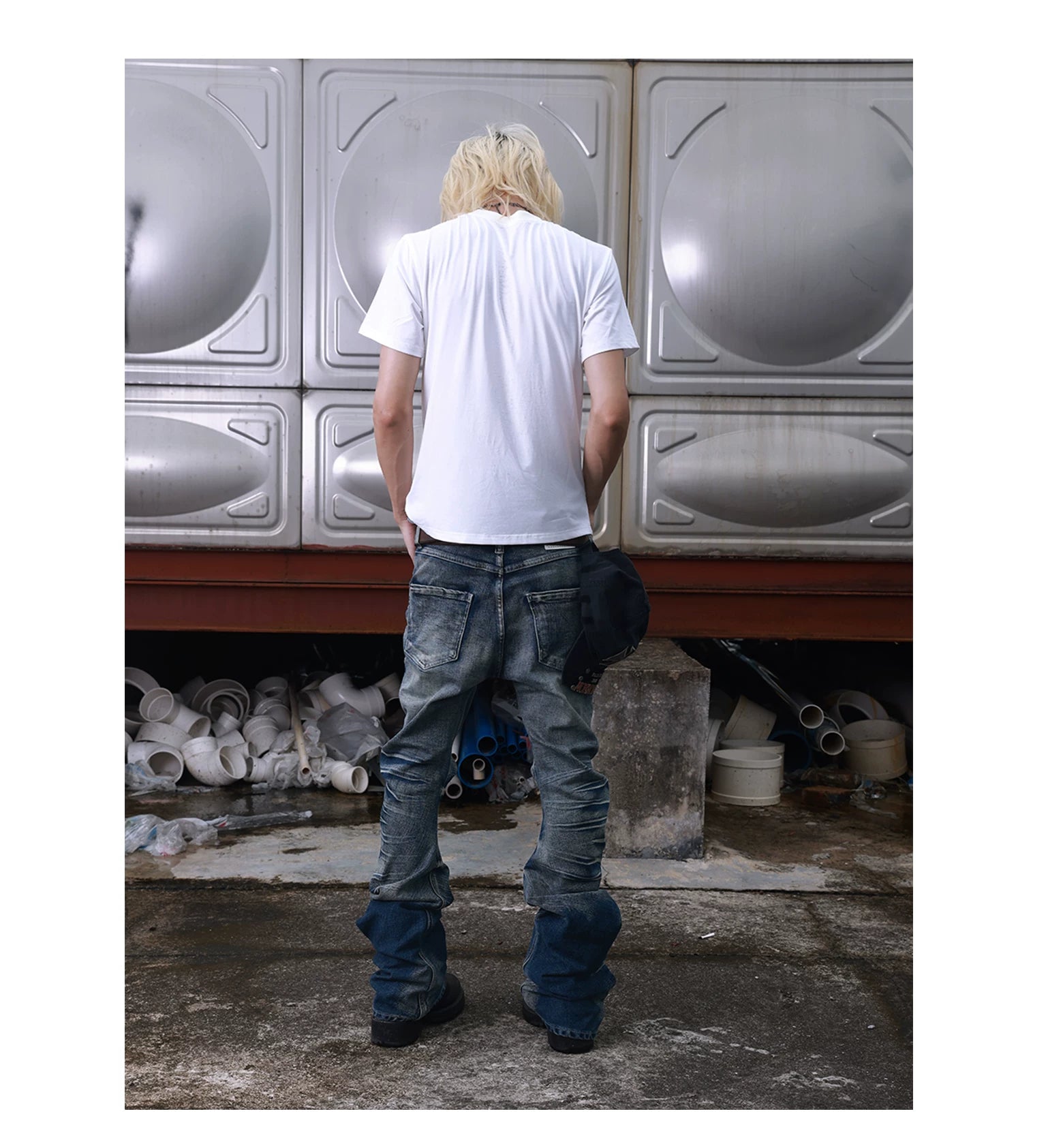 Rippled Scimitar Cracked-Wash Denim Pants