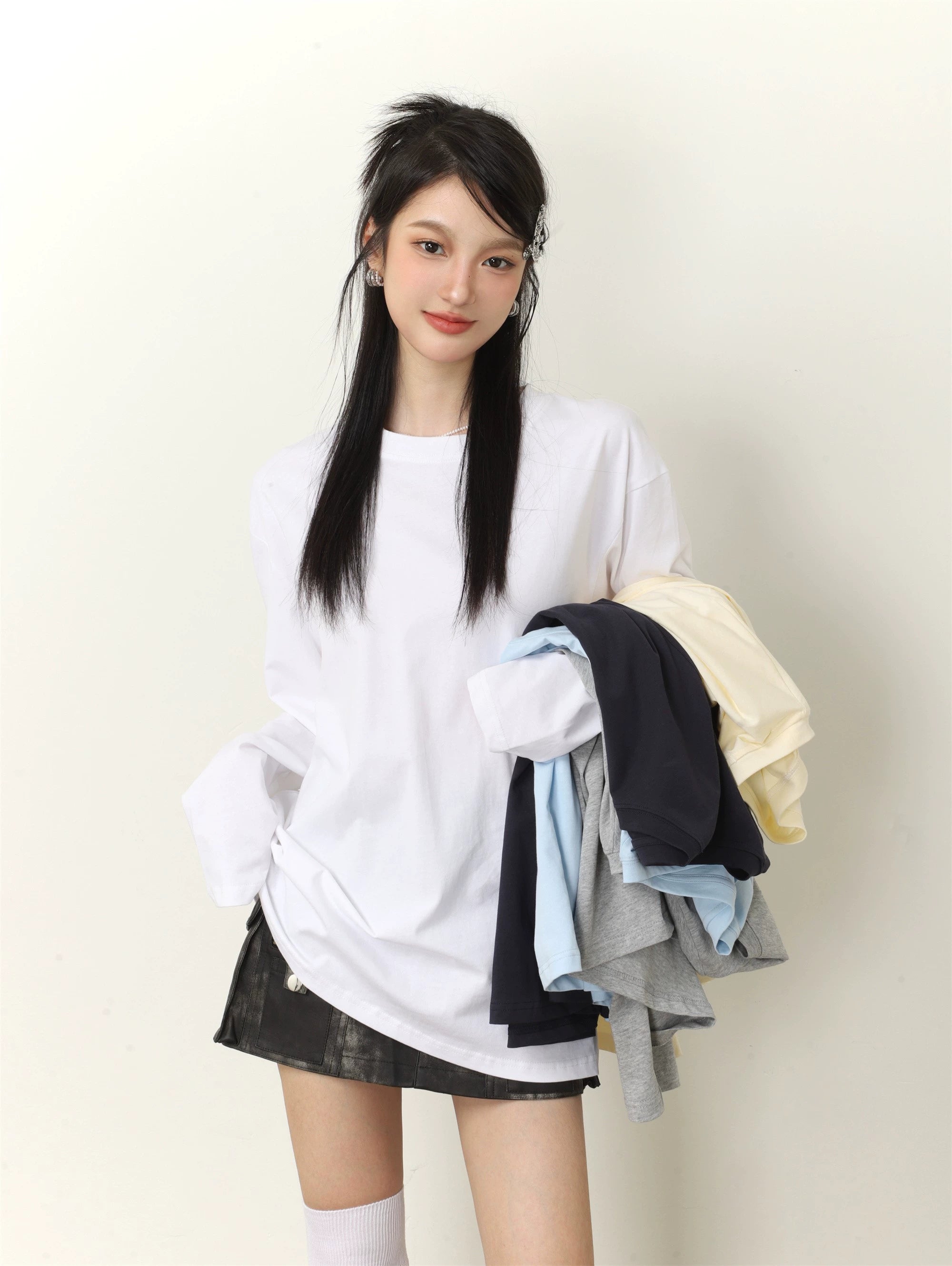 Feste Farbe Lose Long Sleeve T-Shirt