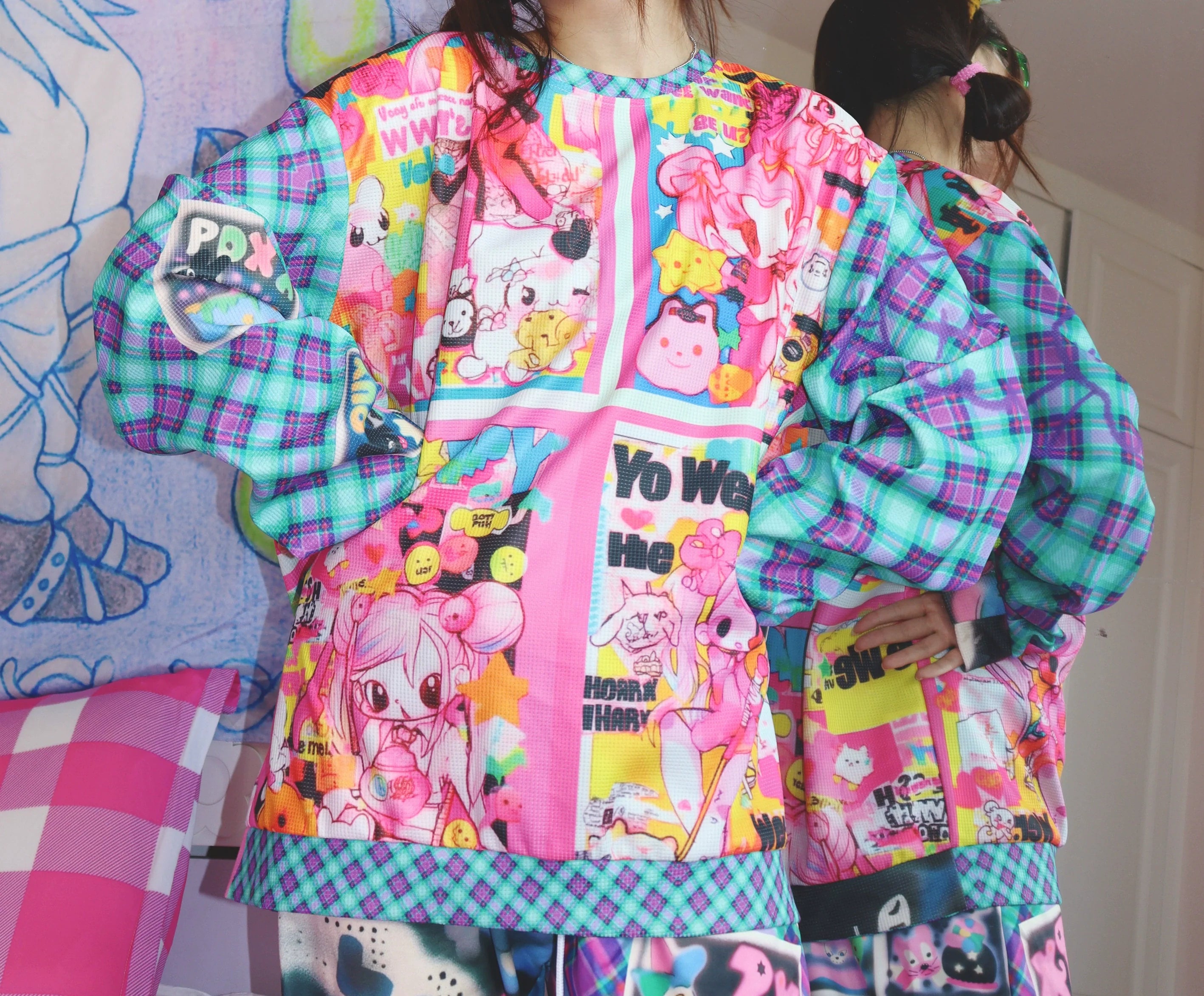 Kawaii Plaid Print Oversized Sweater