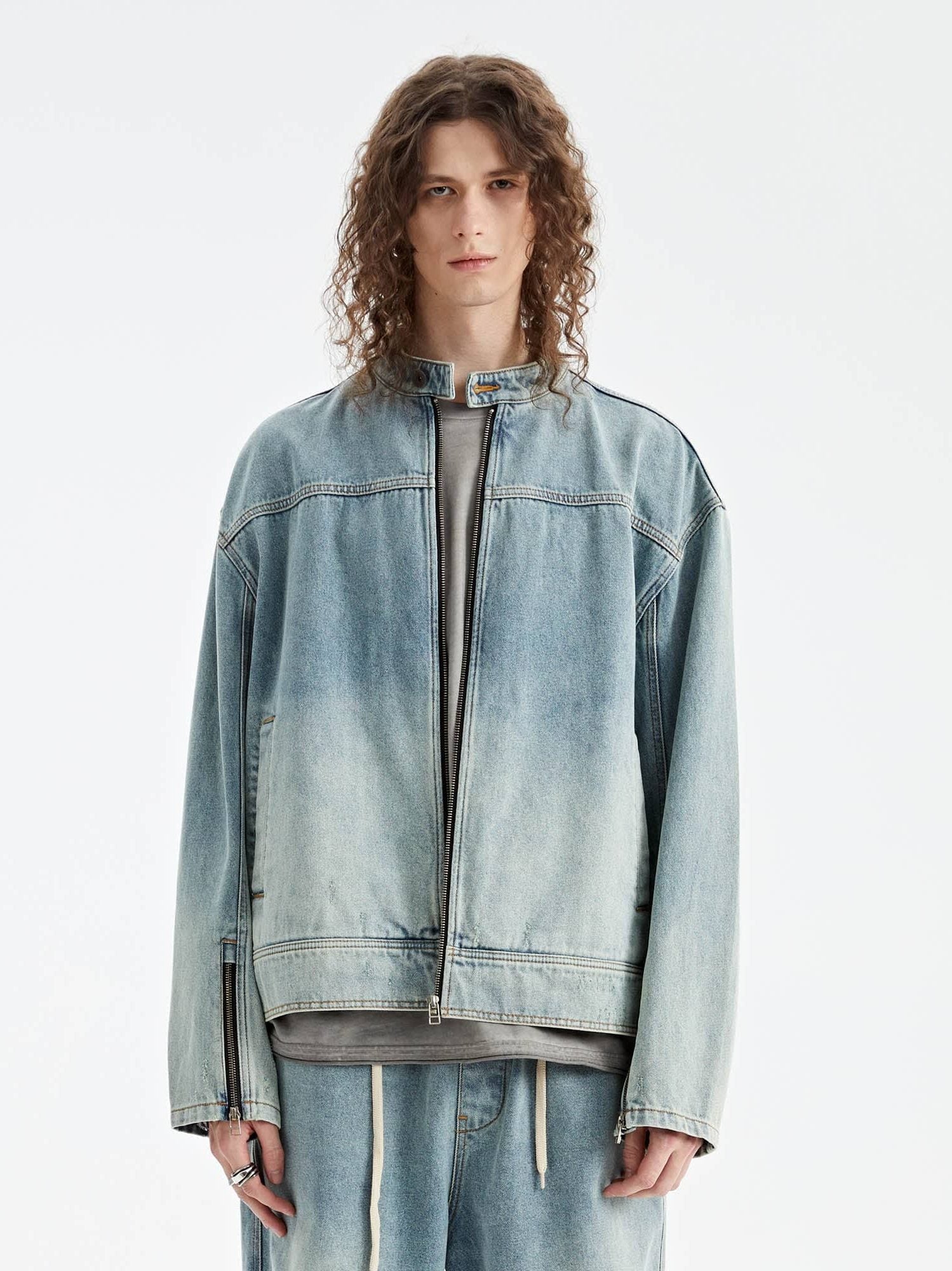 Chaqueta de carreras de mezclilla de lavado ligero