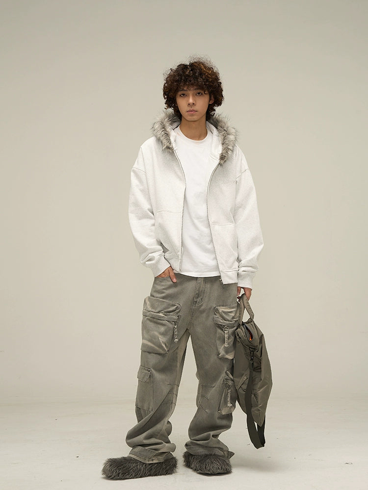 Cozy Luxe Oversized Fur Neck Zipper Hoodie Jacket - chiclara