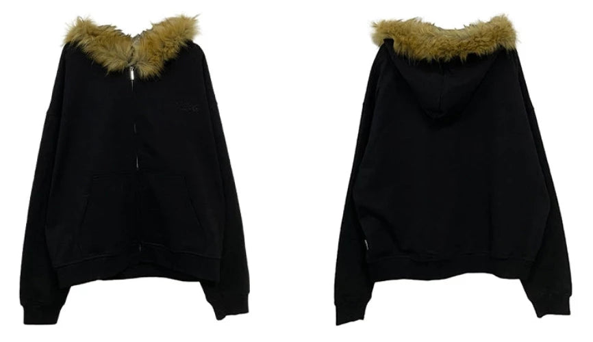 Cozy Luxe Oversized Fur Neck Zipper Hoodie Jacket - chiclara