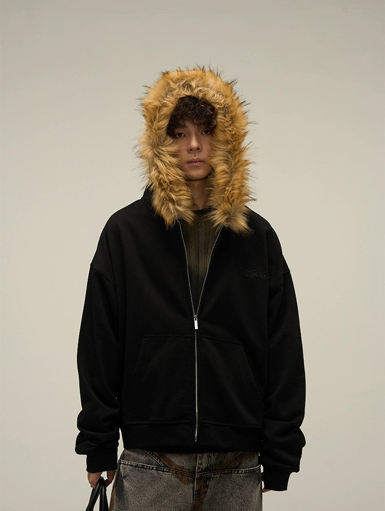 Cozy Luxe Oversized Fur Neck Zipper Hoodie Jacket - chiclara