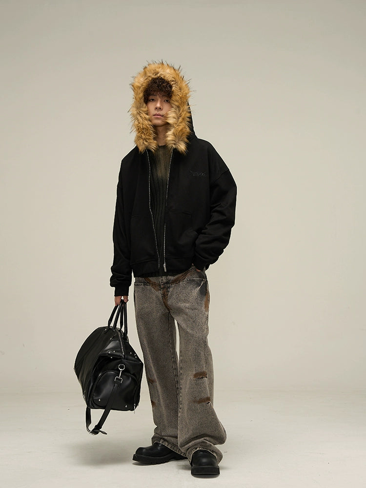 Cozy Luxe Oversized Fur Neck Zipper Hoodie Jacket - chiclara