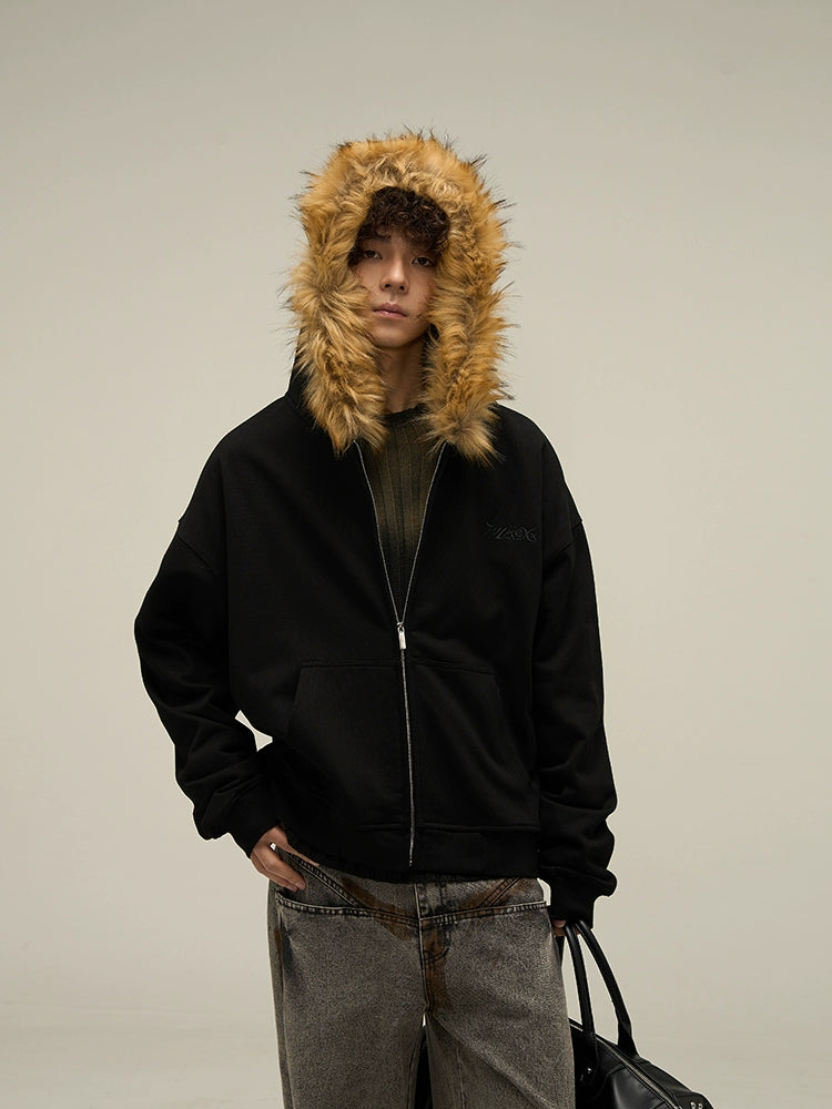 Cozy Luxe Oversized Fur Neck Zipper Hoodie Jacket - chiclara