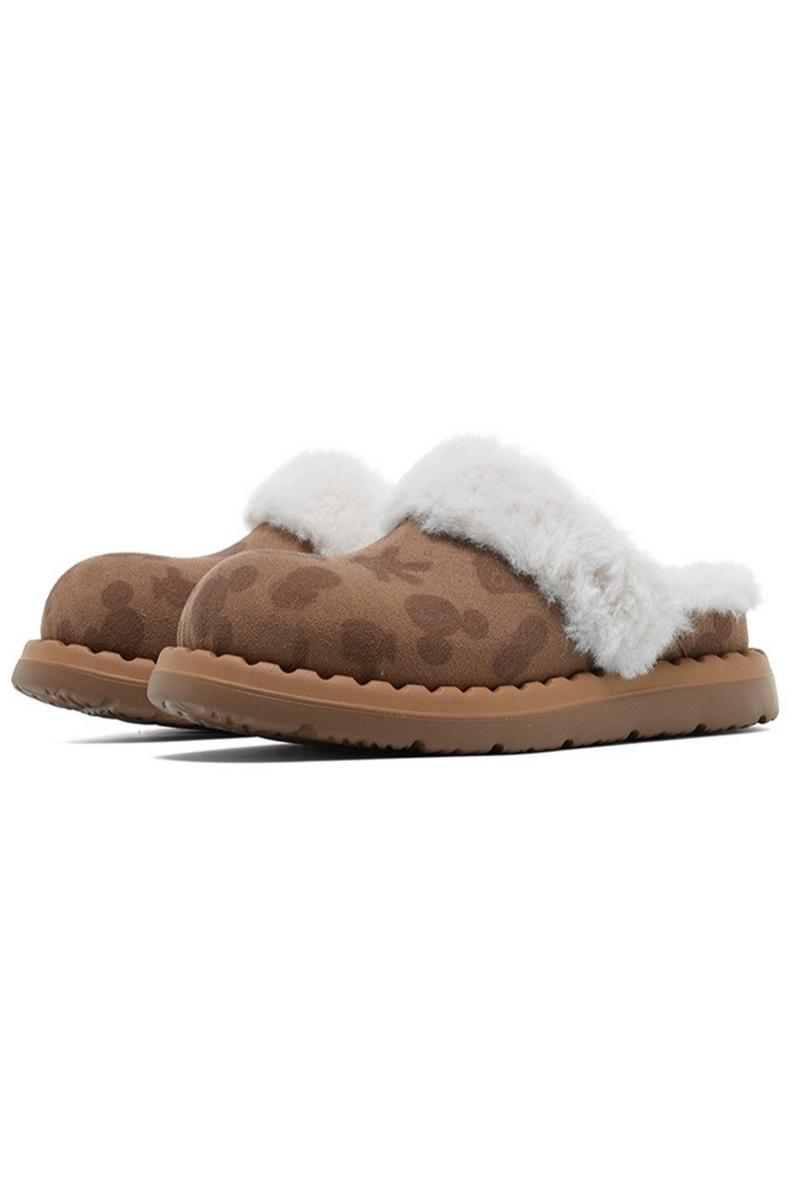 Mickey Pattern Fuzzy Slippers Brown