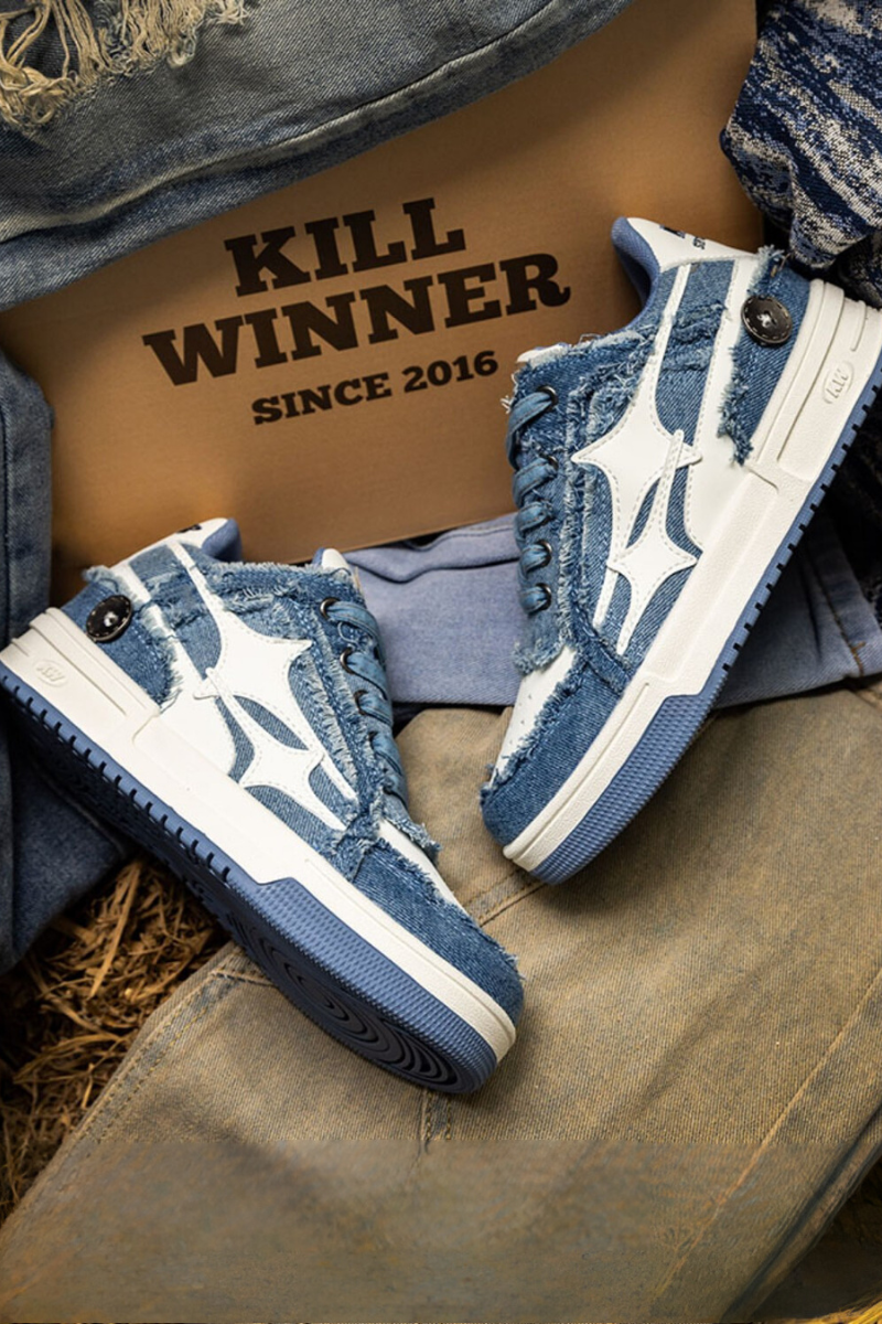 Distressed Denim Court Sneakers