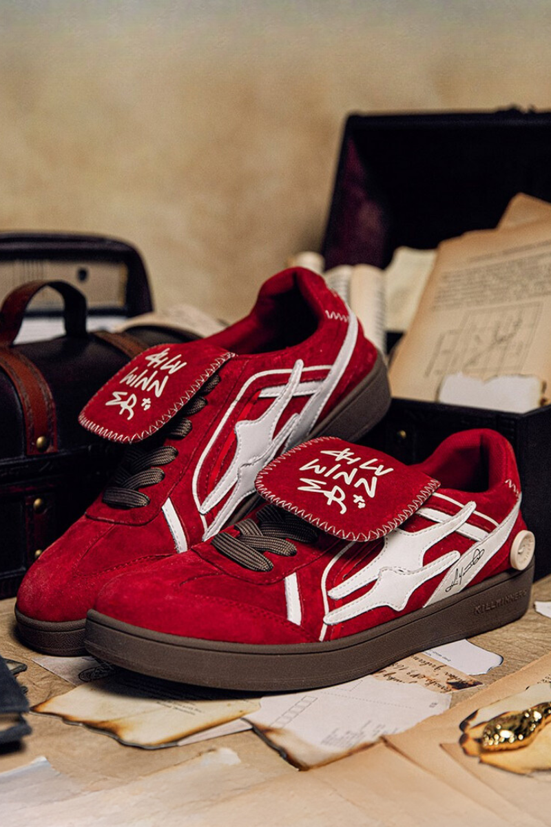 Red Suede Court Sneakers with White Logo