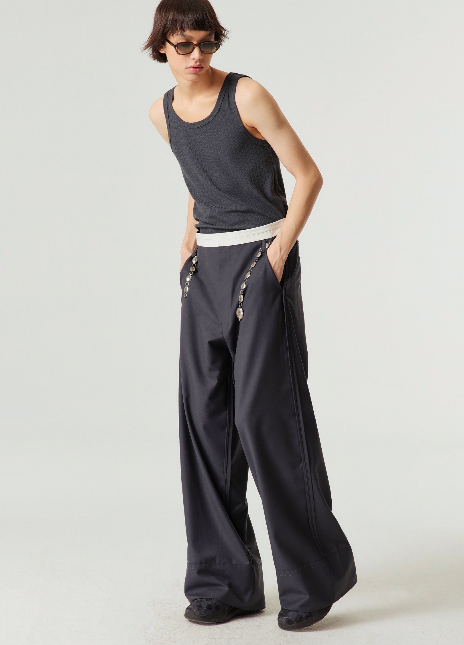 리버스 솔기 와이드 레그 팬츠