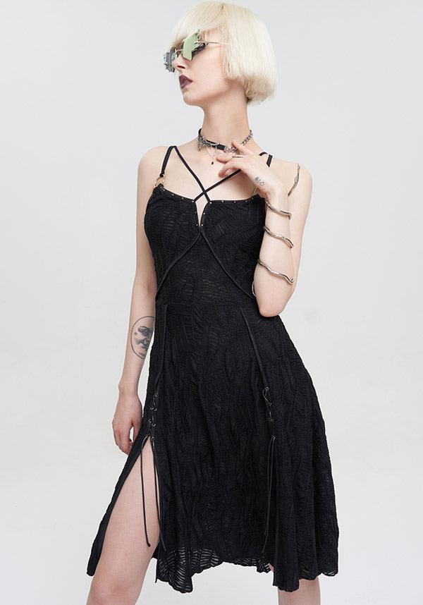 Devil Fashion Gothic Lace Slip Dress - Black with Harness Straps and Devil Fashion Gothic Lace Slip Dress - Black with Harness Straps and