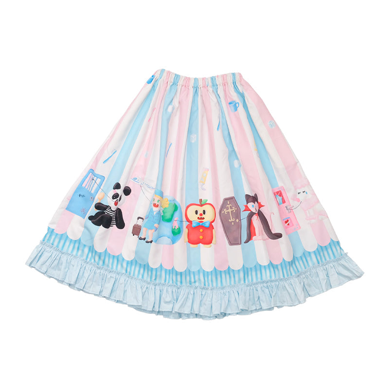 Pastel Striped Character Print Ruffle Skirt