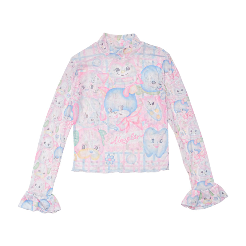 Pink Kawaii Character Mock Neck Top