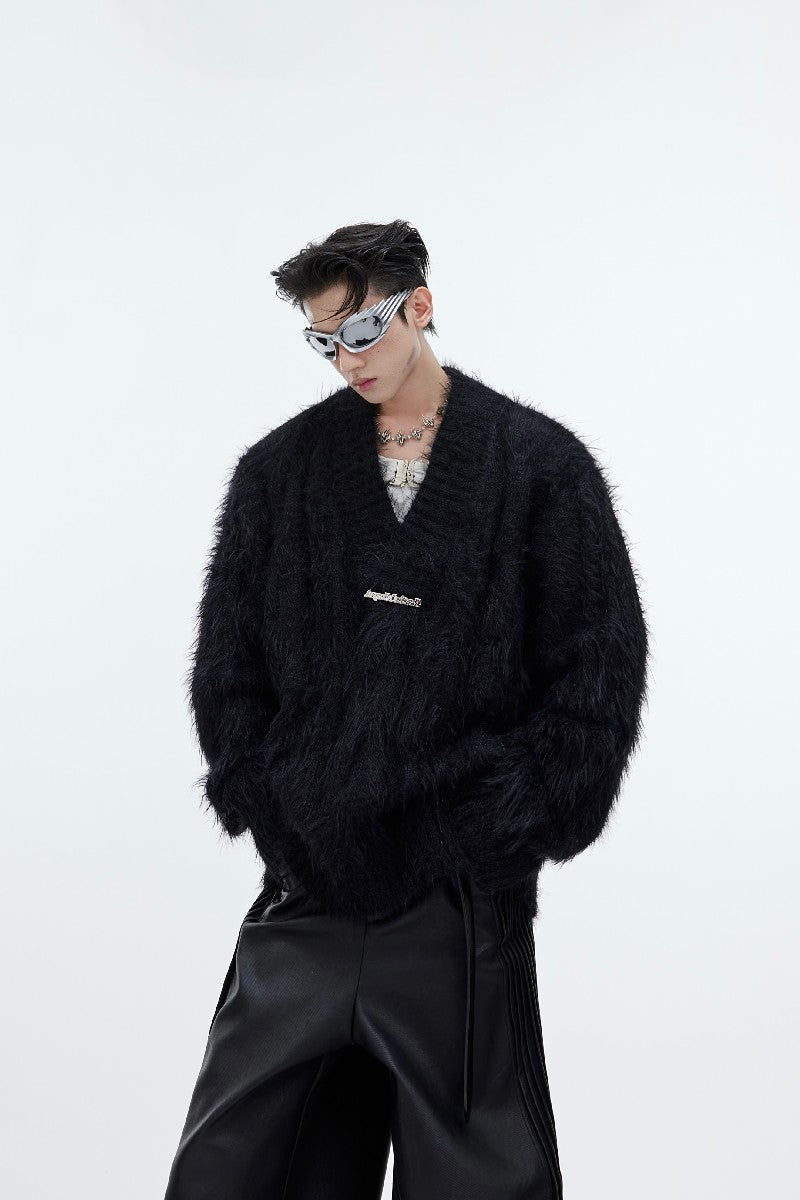 Faux Fur V-Neck Sweater - chiclara