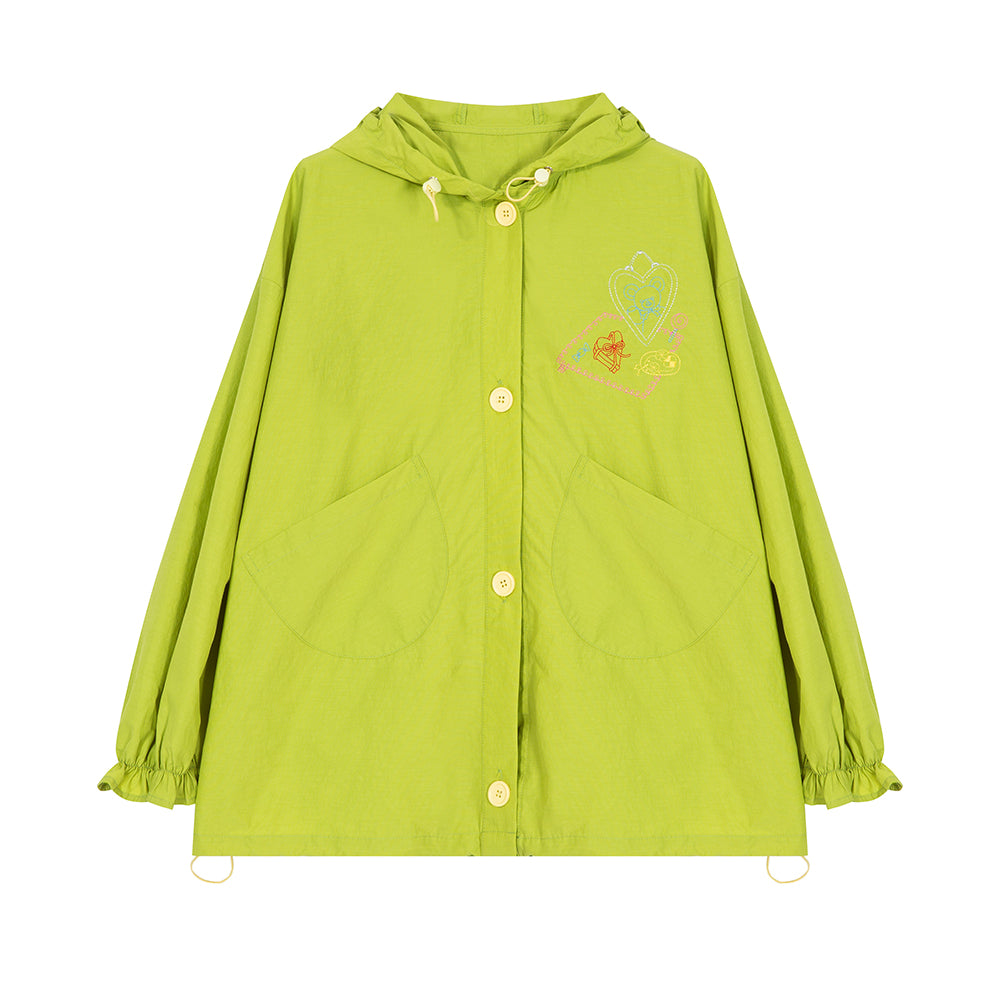 Green Hooded Button-Up Windbreaker Jacket