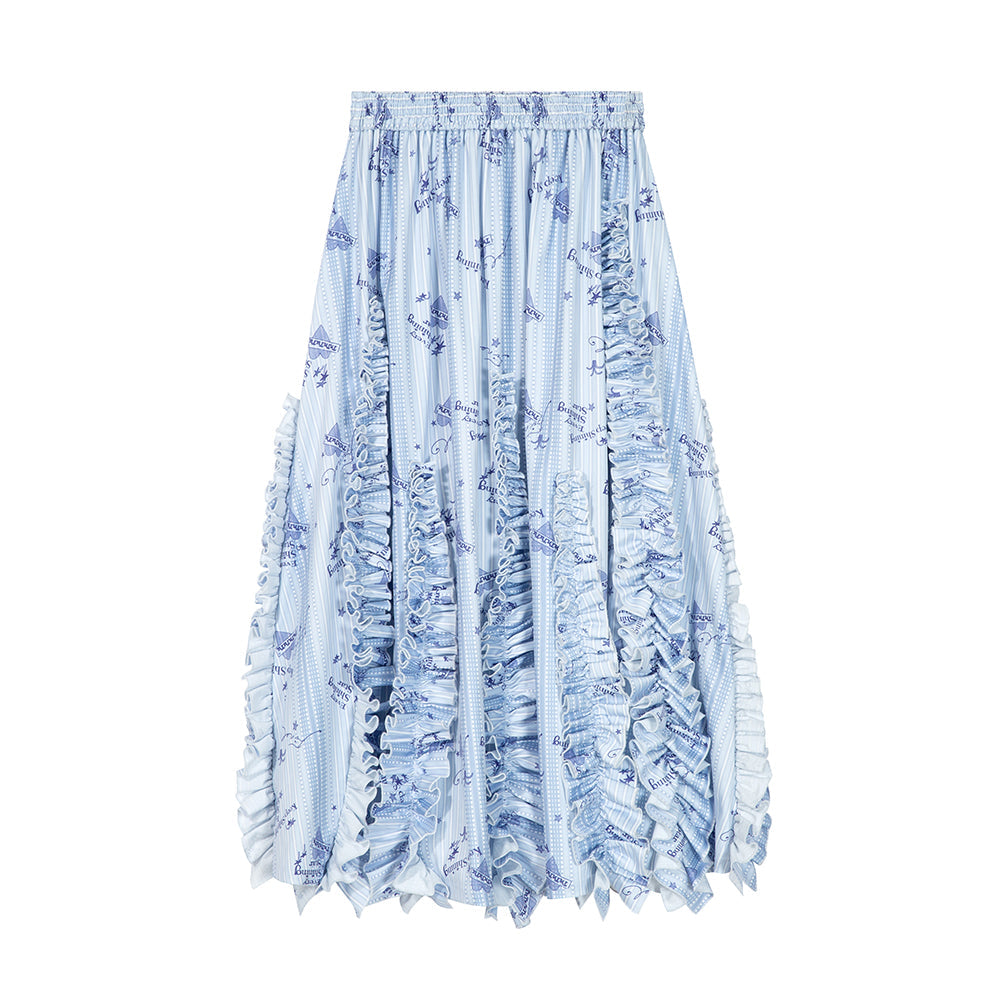 Blue Pattern Ruffle Midi Skirt