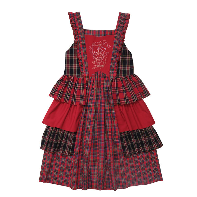 Red Plaid Tiered Pinafore Dress