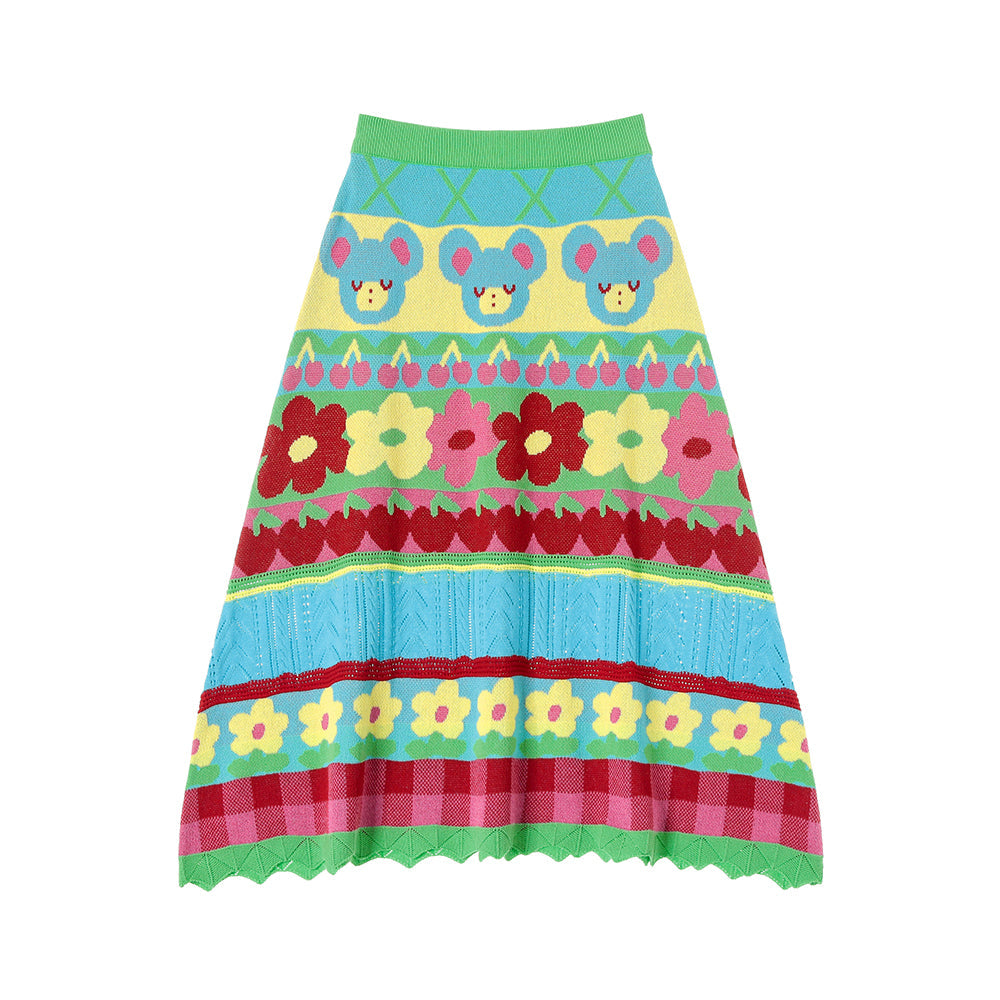 Colorful Bear Cherry Knit Midi Skirt