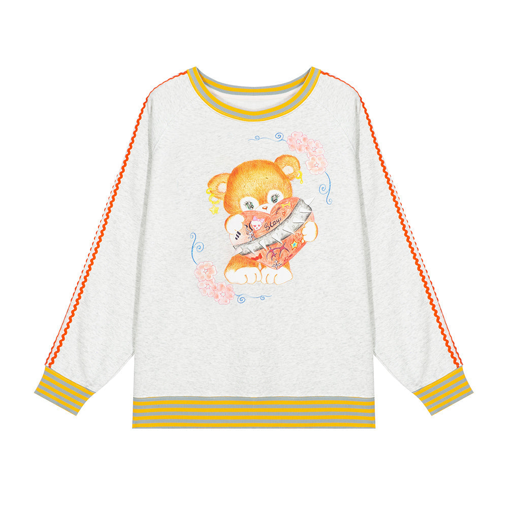 Angel Bear Print Striped Trim Sweatshirt