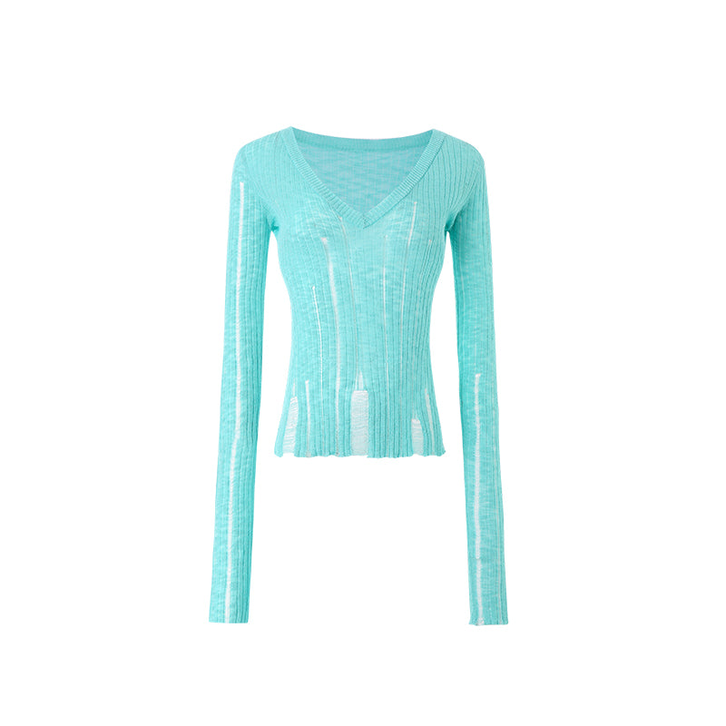 Hollow-Out V-Neck Thin Cardigan With Distressed Waist Knit Top - chiclara