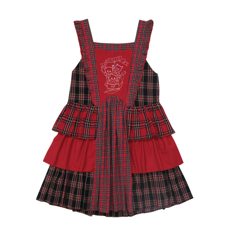 Red Plaid Tiered Pinafore Dress
