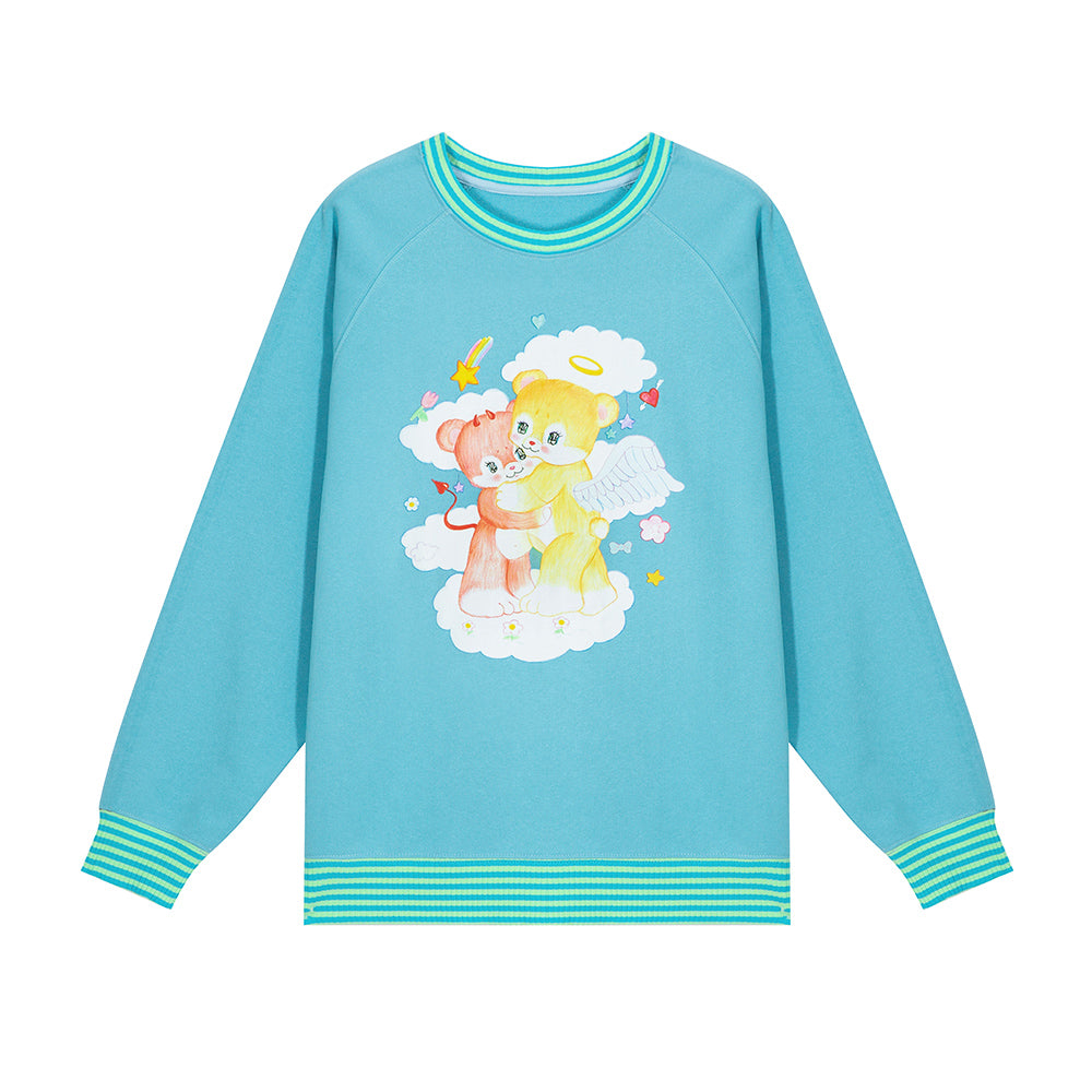 Angel Bear Print Striped Trim Sweatshirt