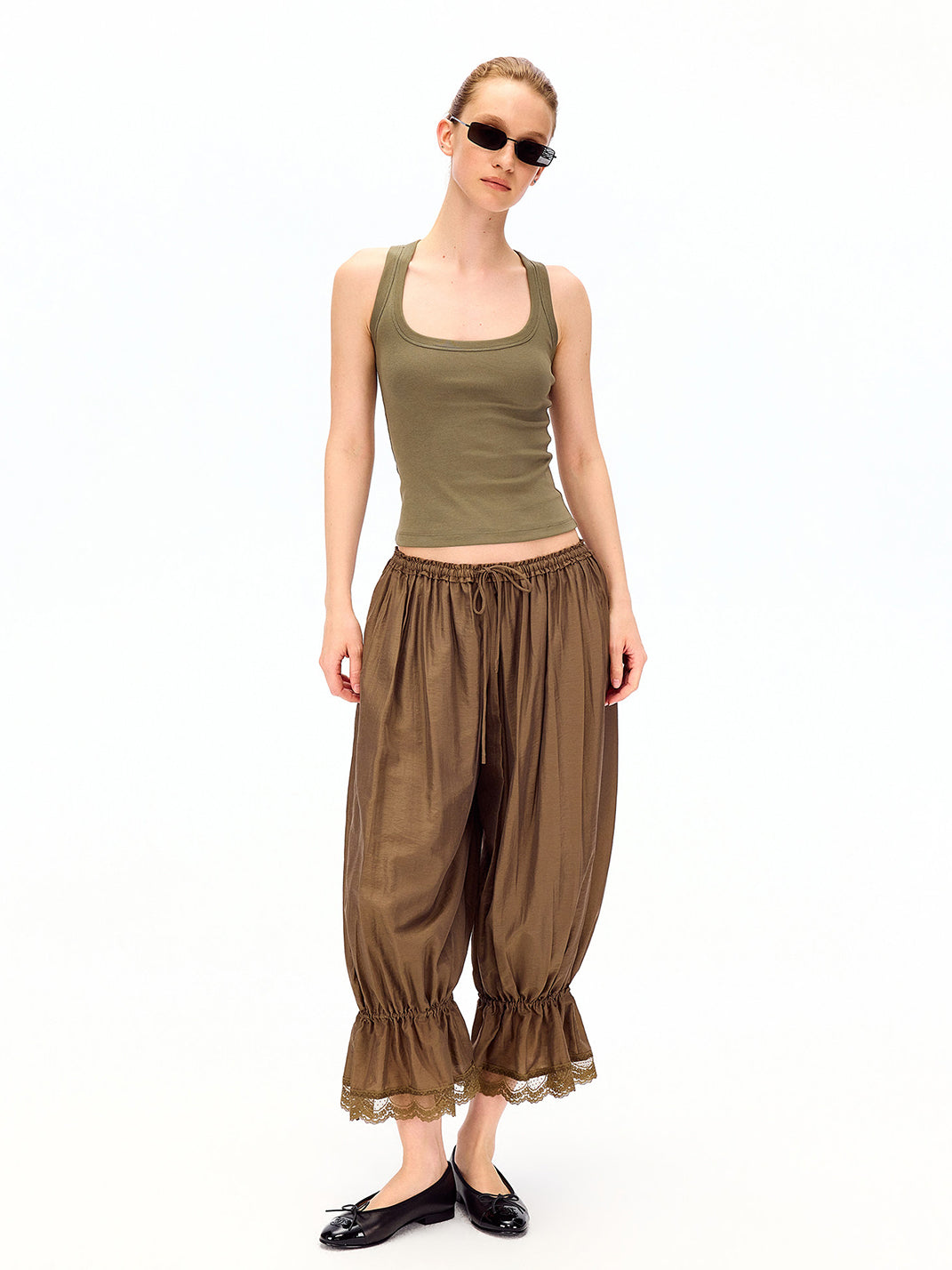 Lace Hem Drawstring Cropped Balloon Pants
