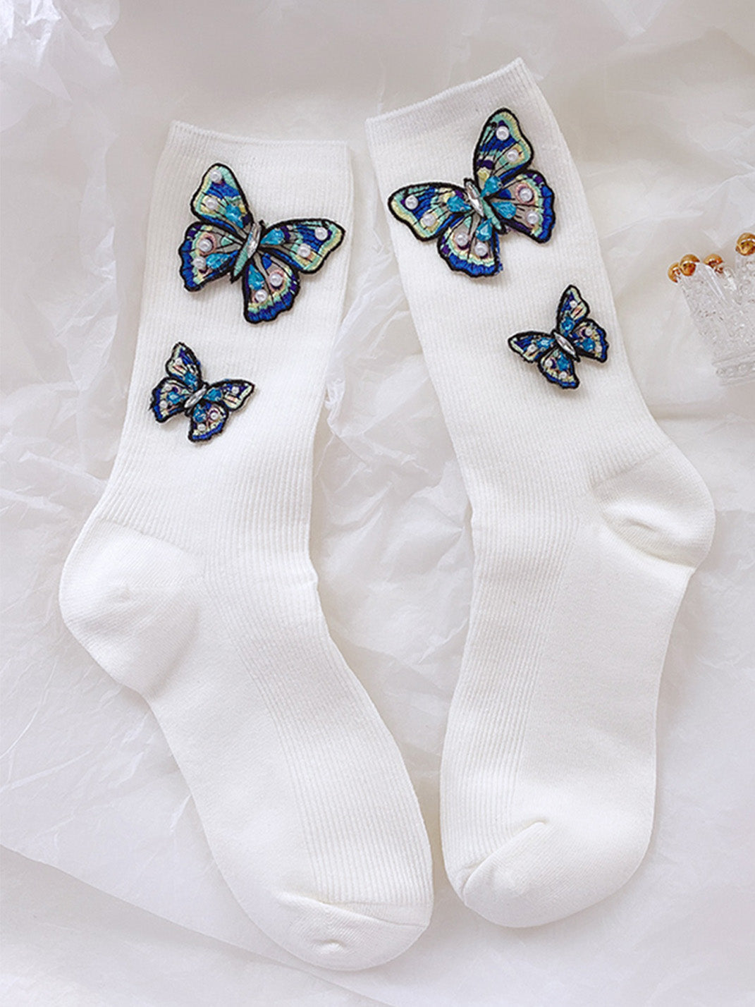 Embroidered Butterfly Pearl Socks