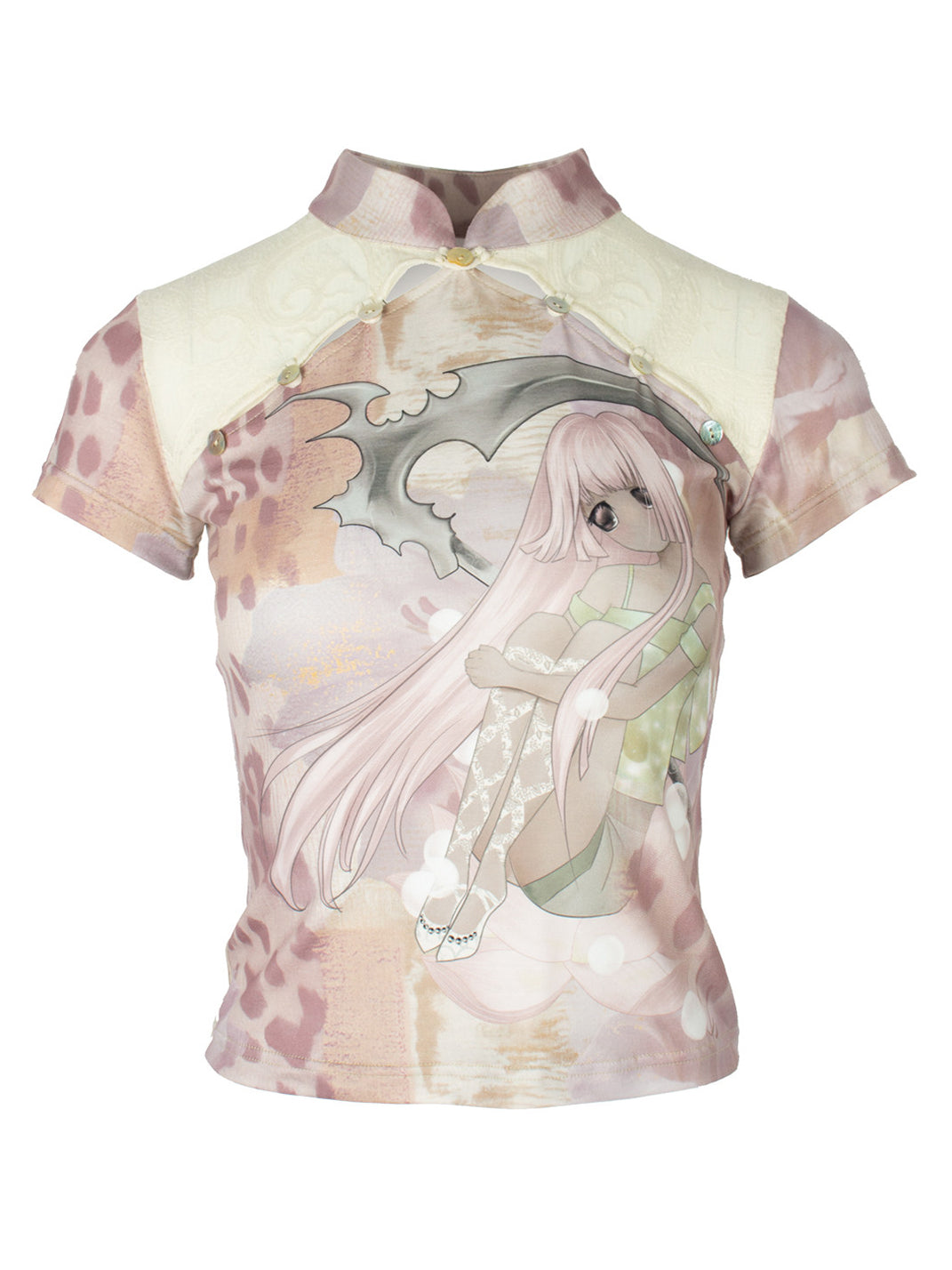 Lace-Spliced Cheongsam Collar Tee
