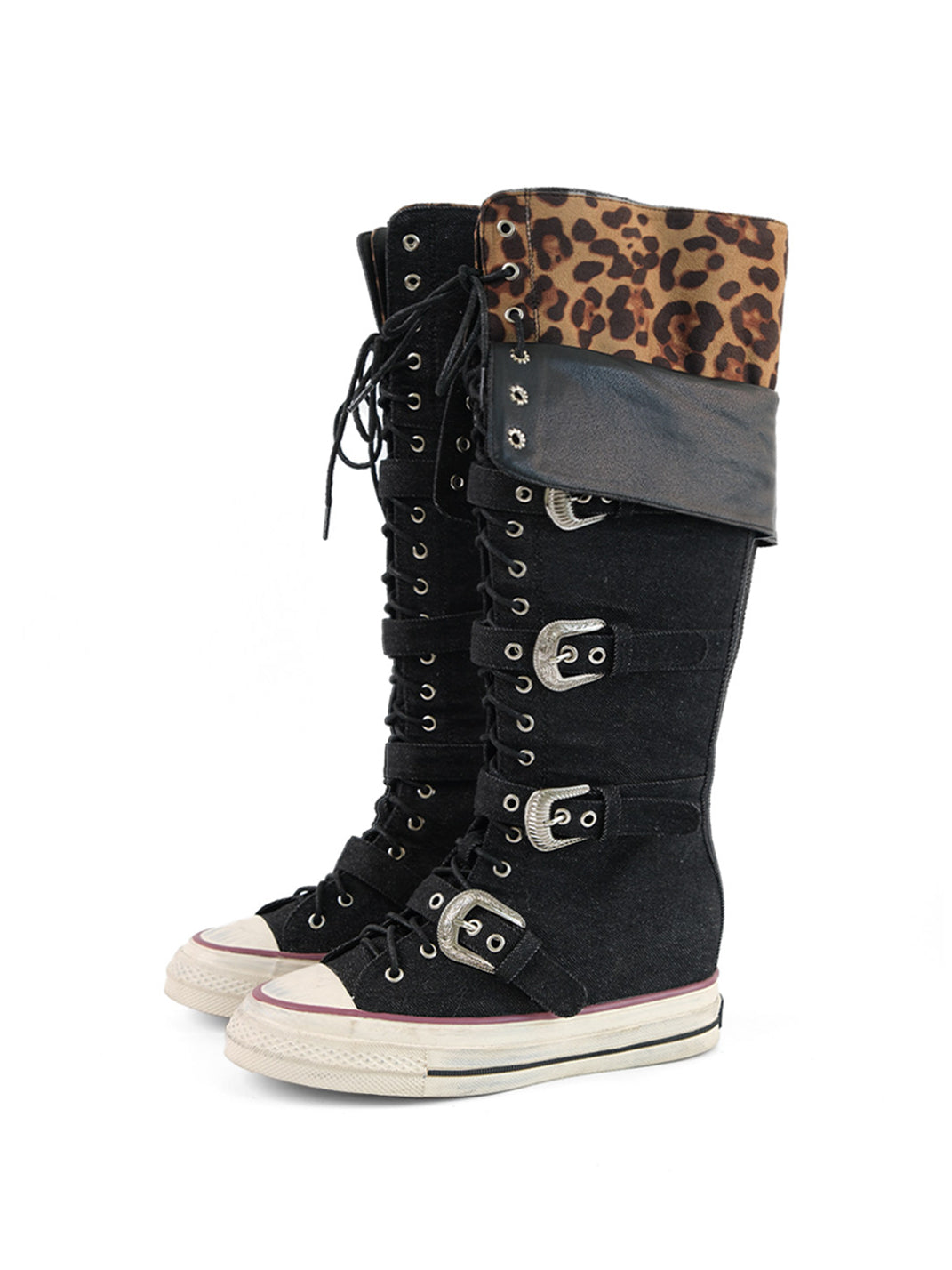 Leopard Print High-Top Canvas Boots with Belt Buckle
