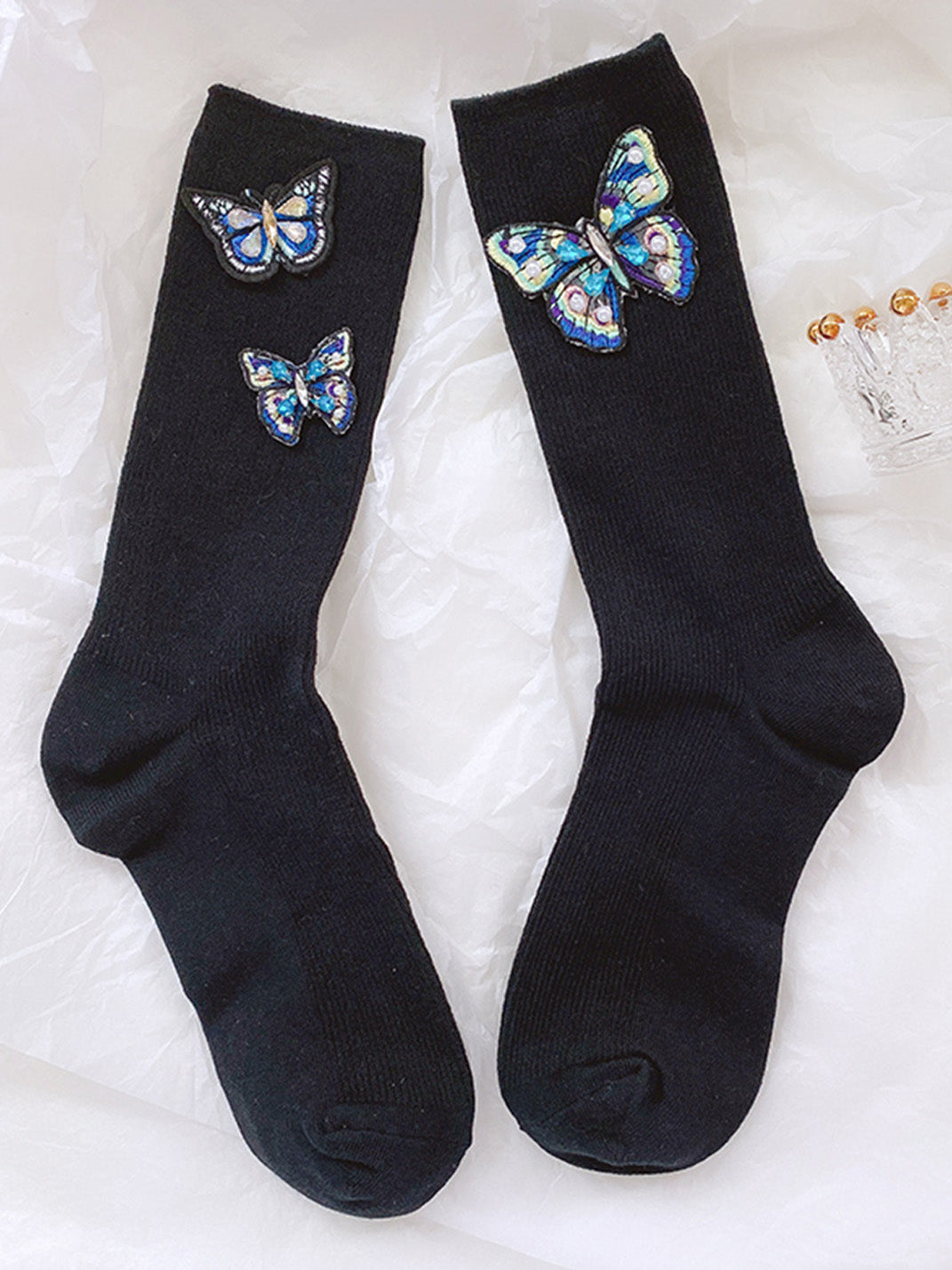 Embroidered Butterfly Pearl Socks