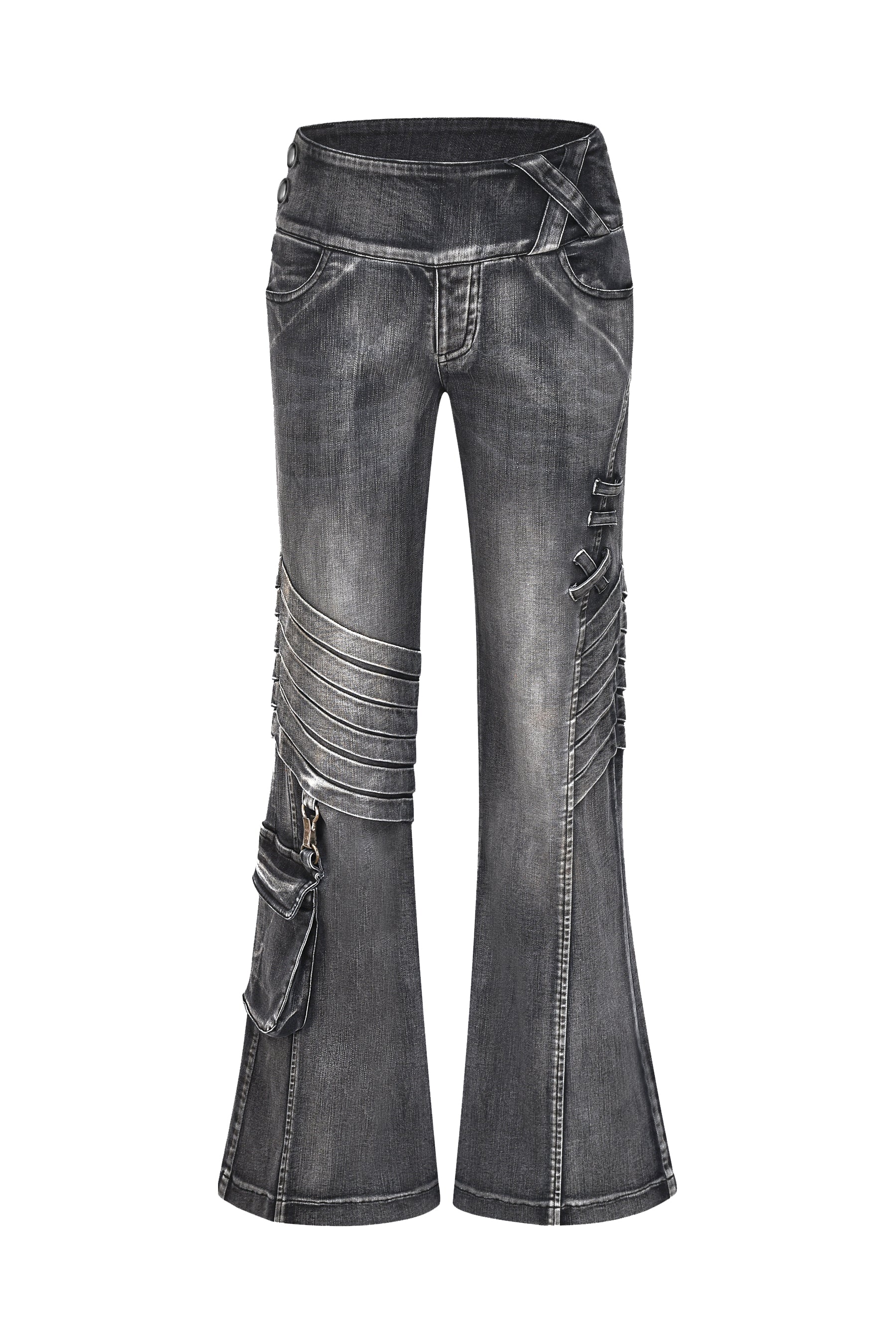 Distressed Flare Jeans with Moto-style Stitching