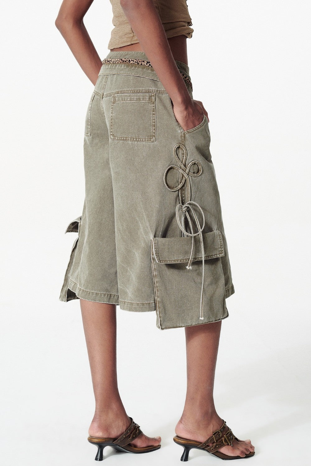 Wide Leg Cargo Capri Shorts with Side Ties