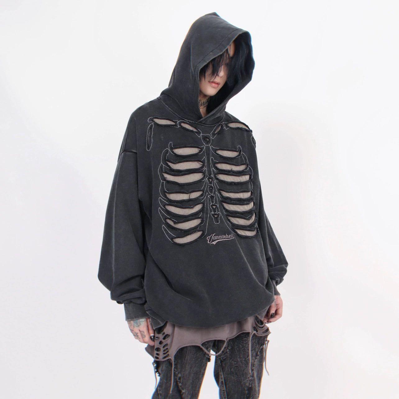 SZ L Grey/BLK Cotton Gothic Skeleton Jacket Spine Hoodie Zipper Sweatshirt purchases