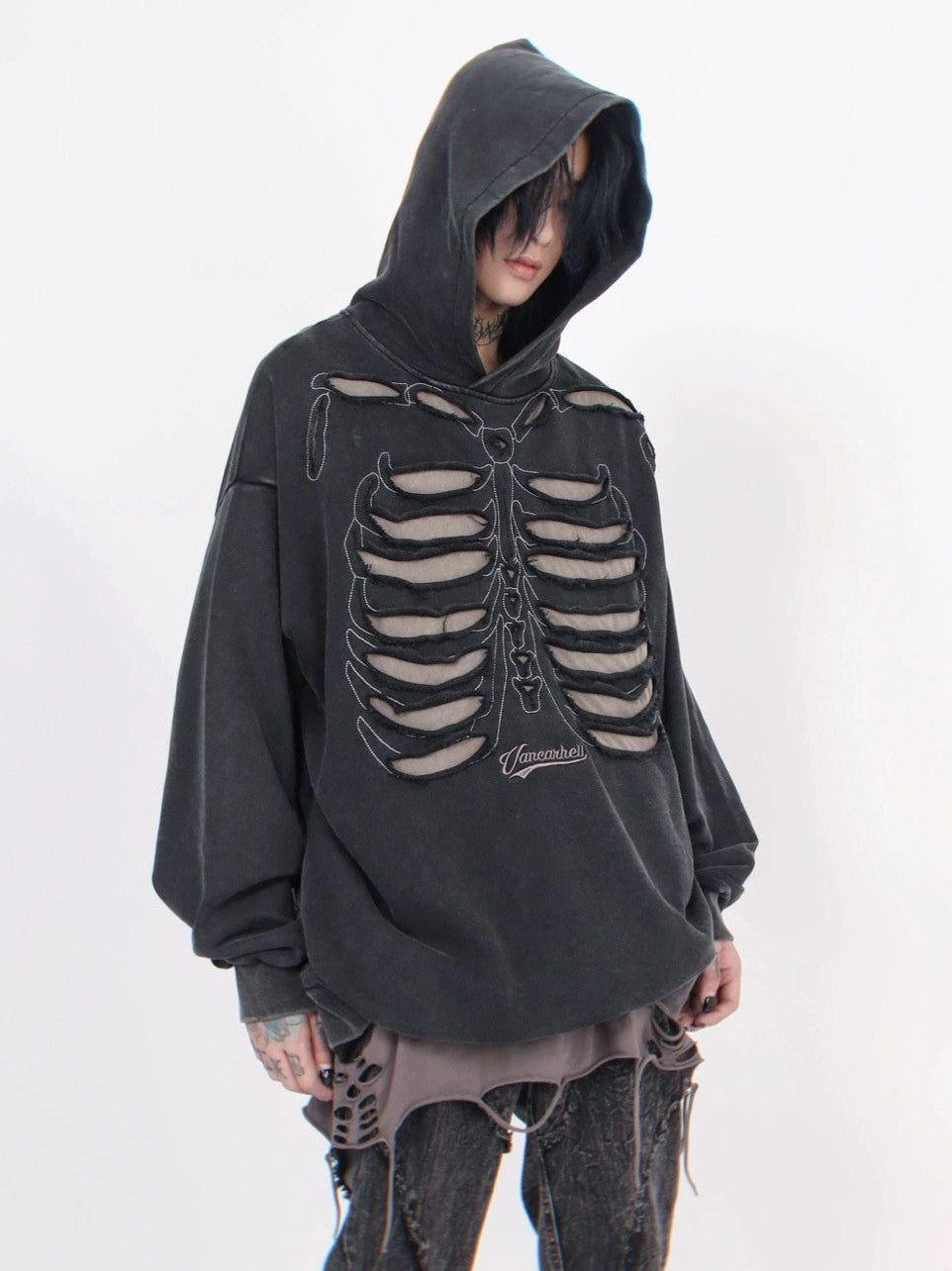Distressed Skeleton Cutout Hoodie