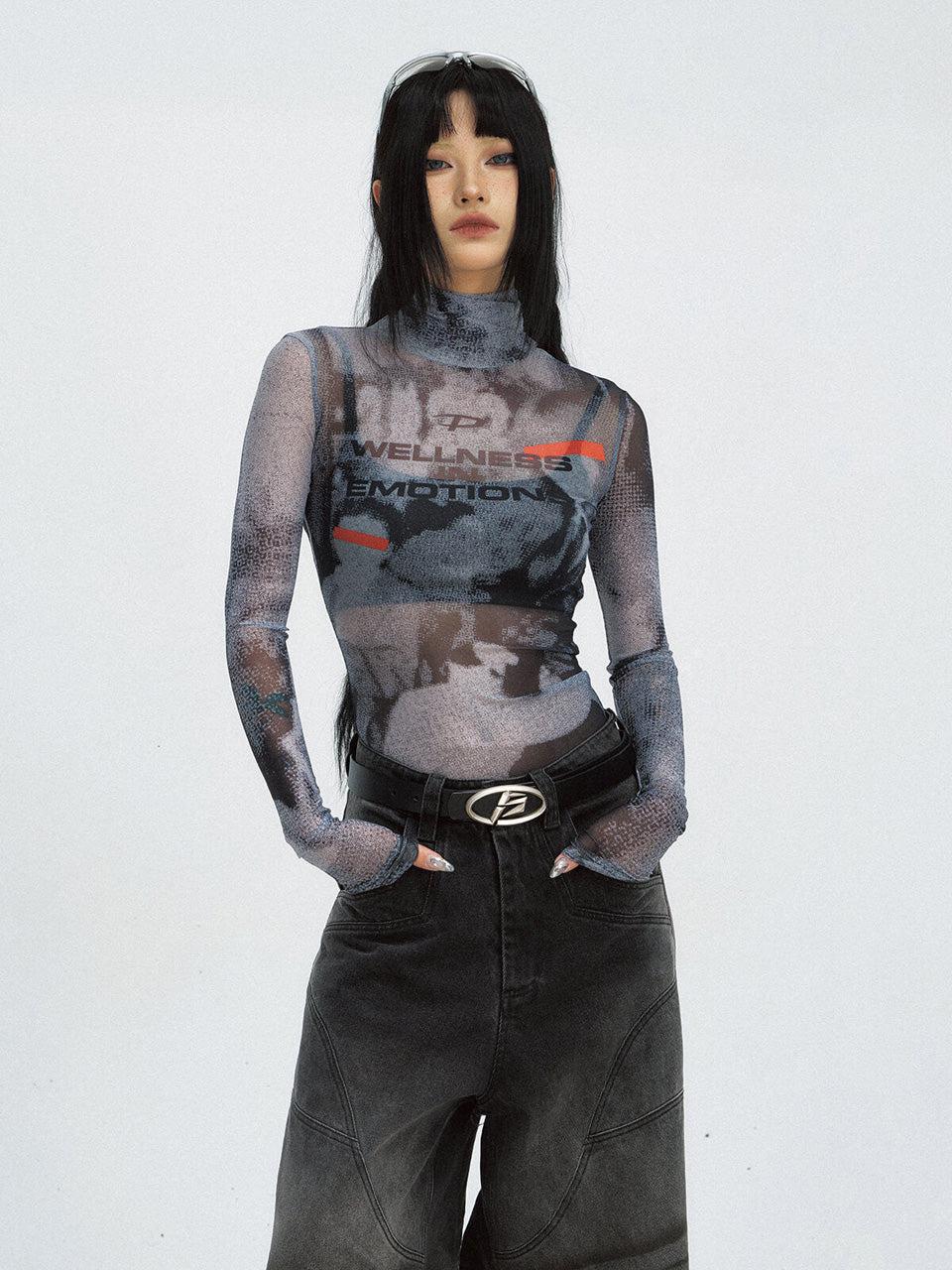 Sudadera futurista de cuello de tortuga de malla impresa
