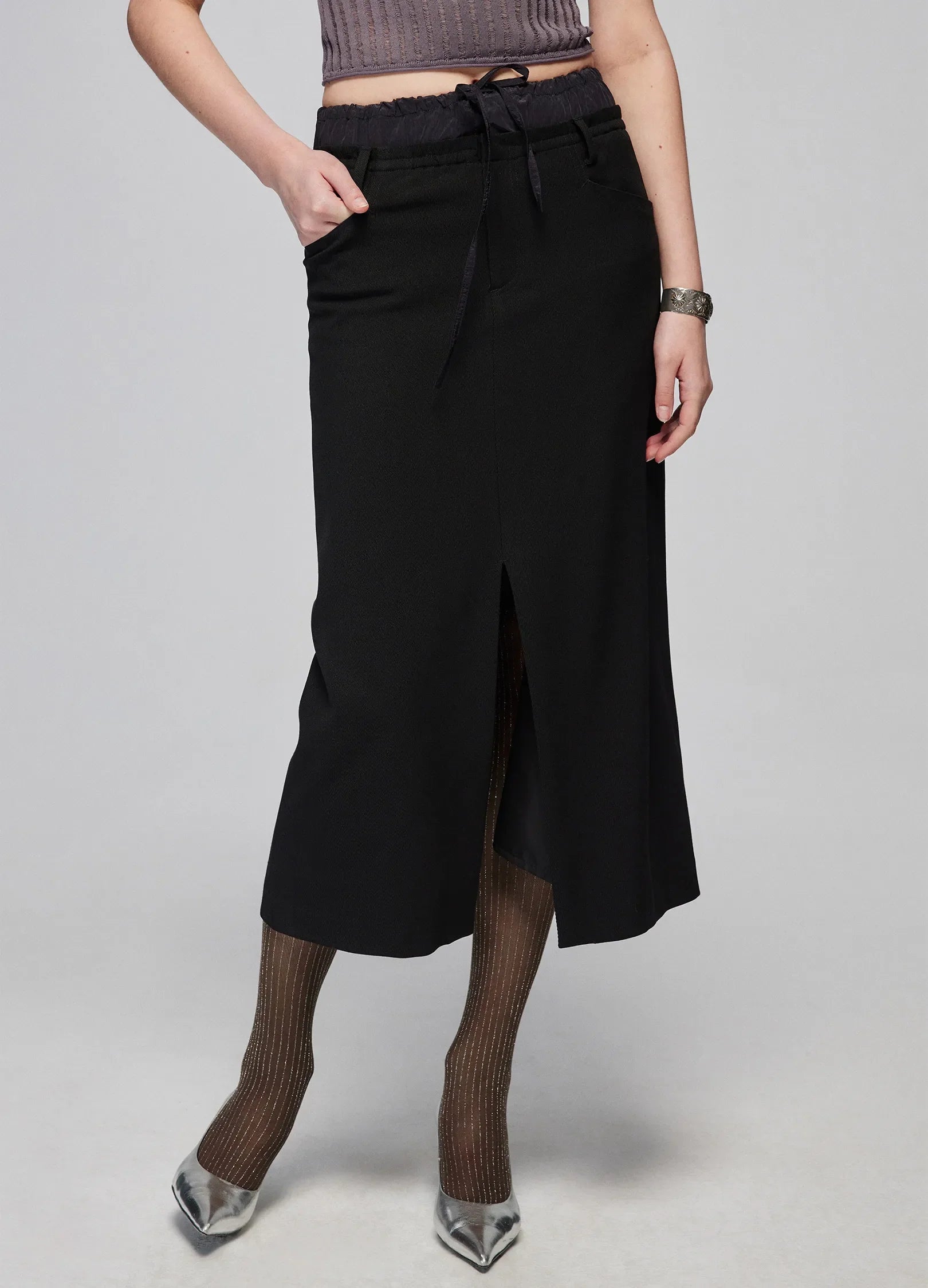 Slit Patchwork Midi Skirt