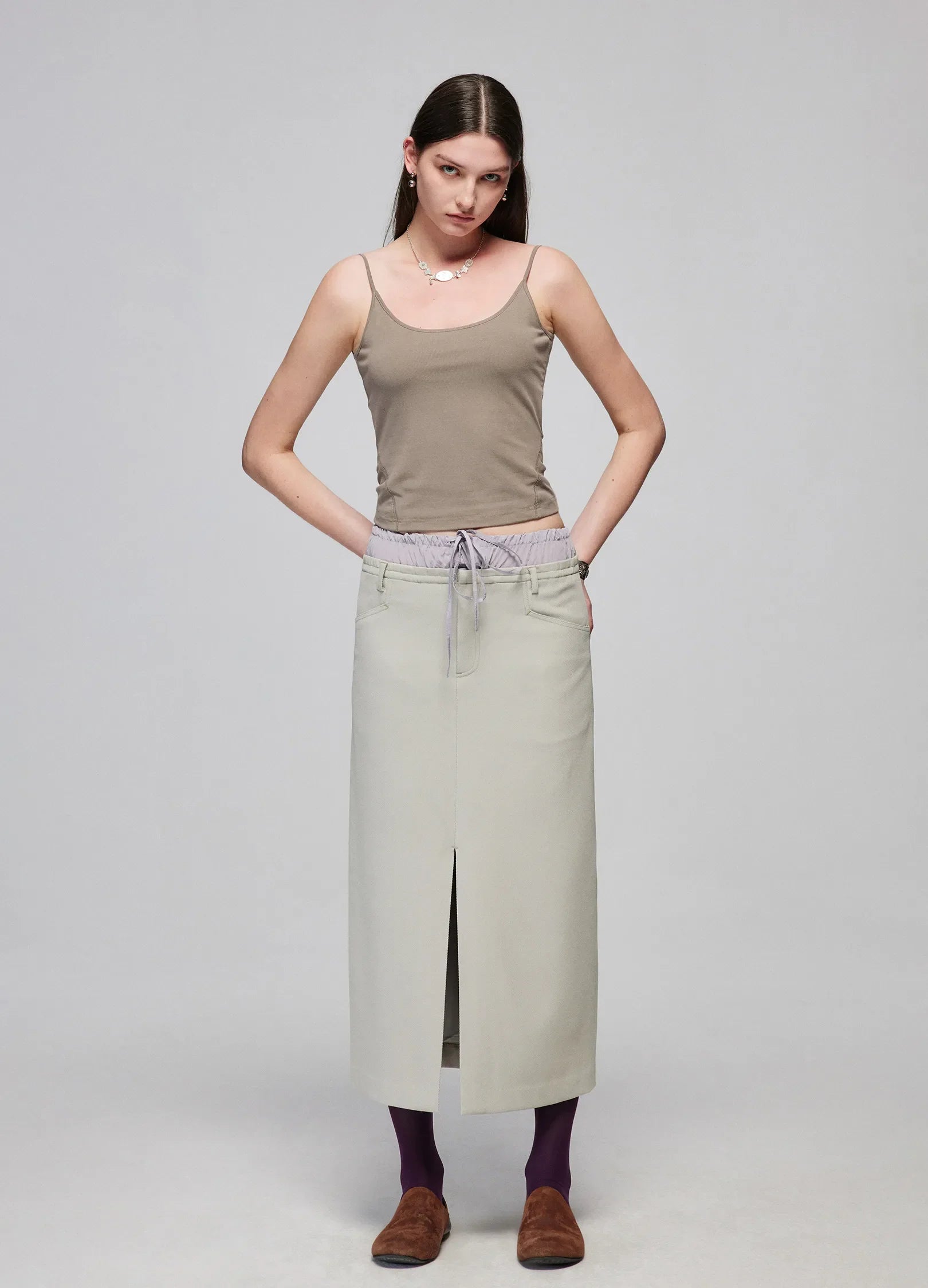 Slit Patchwork Midi Skirt