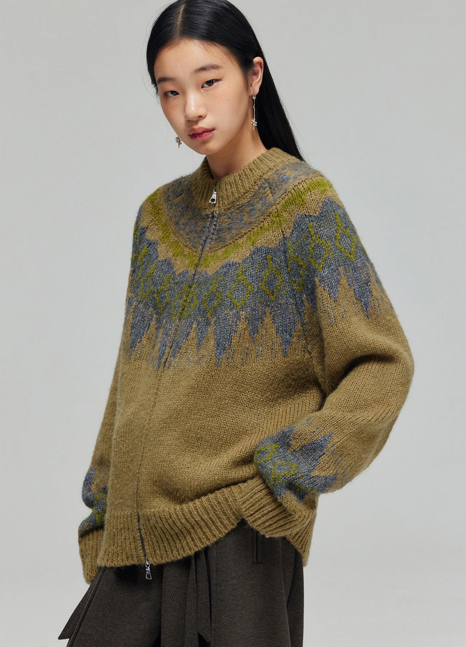 Cozy Tartan Wool Blend Zip-Up Sweater - chiclara