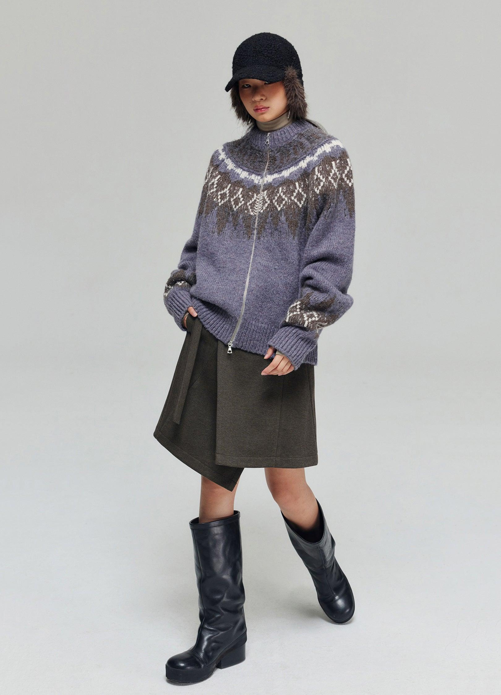 Cozy Tartan Wool Blend Zip-Up Sweater - chiclara