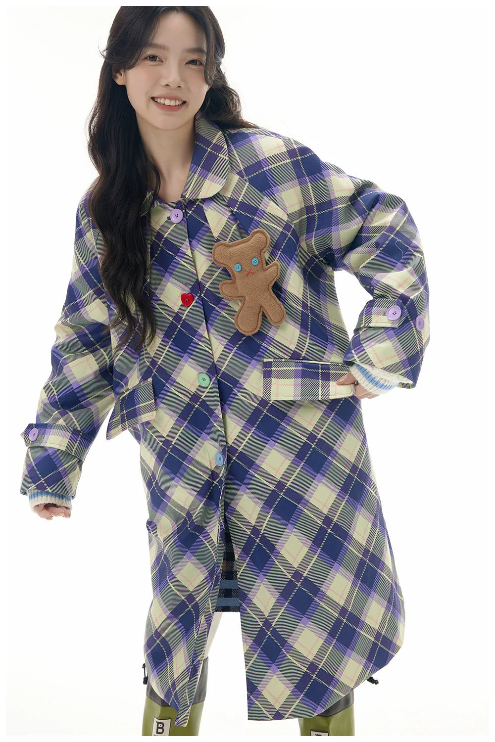Plaid Teddy Bear Applique Coat