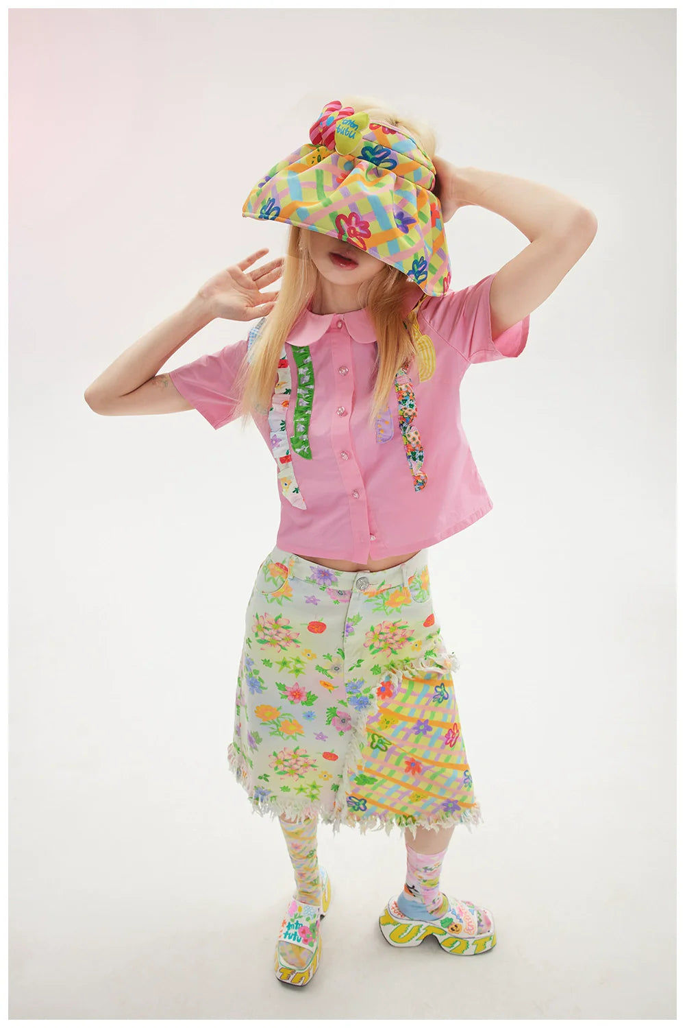 Rainbow Plaid Floral Summer Hat