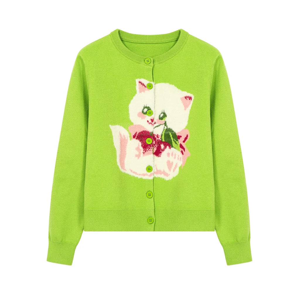 Lime Green Kitty Print Button-Up Cardigan
