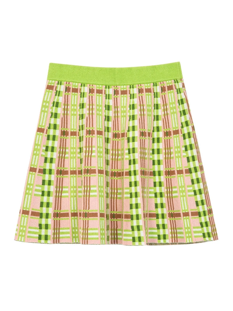 Green Pink Plaid Knit Mini Skirt