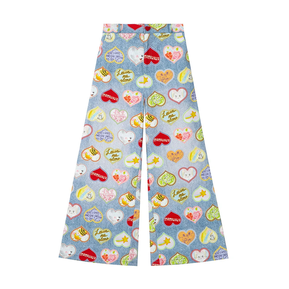 Cute Heart Print Wide Leg Pants