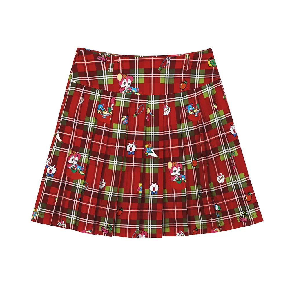 Red Plaid Cartoon Tennis Pleated Skirt