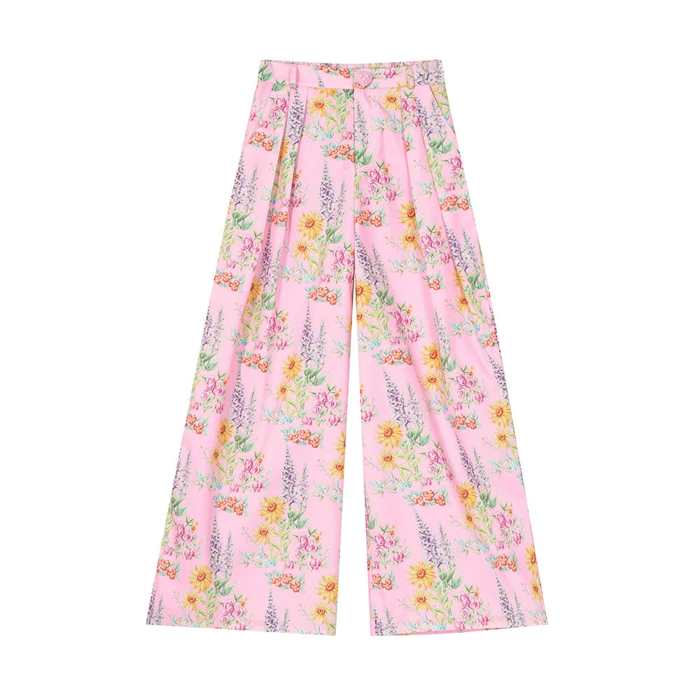 Pink Floral Wide Leg Pants Spring