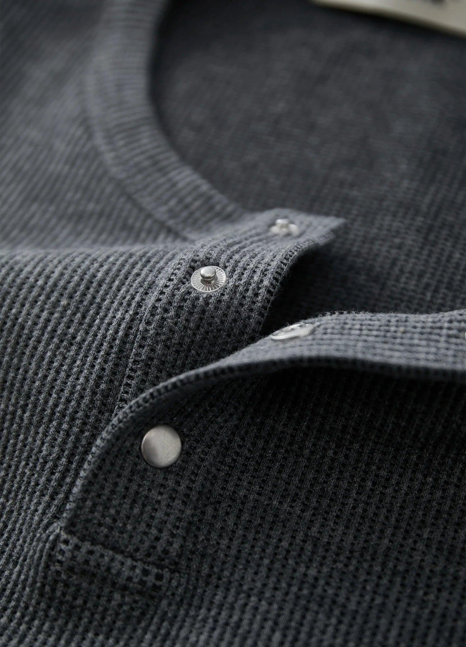 Unisex Waffle Knit Button-Up Long Sleeve Shirt - chiclara