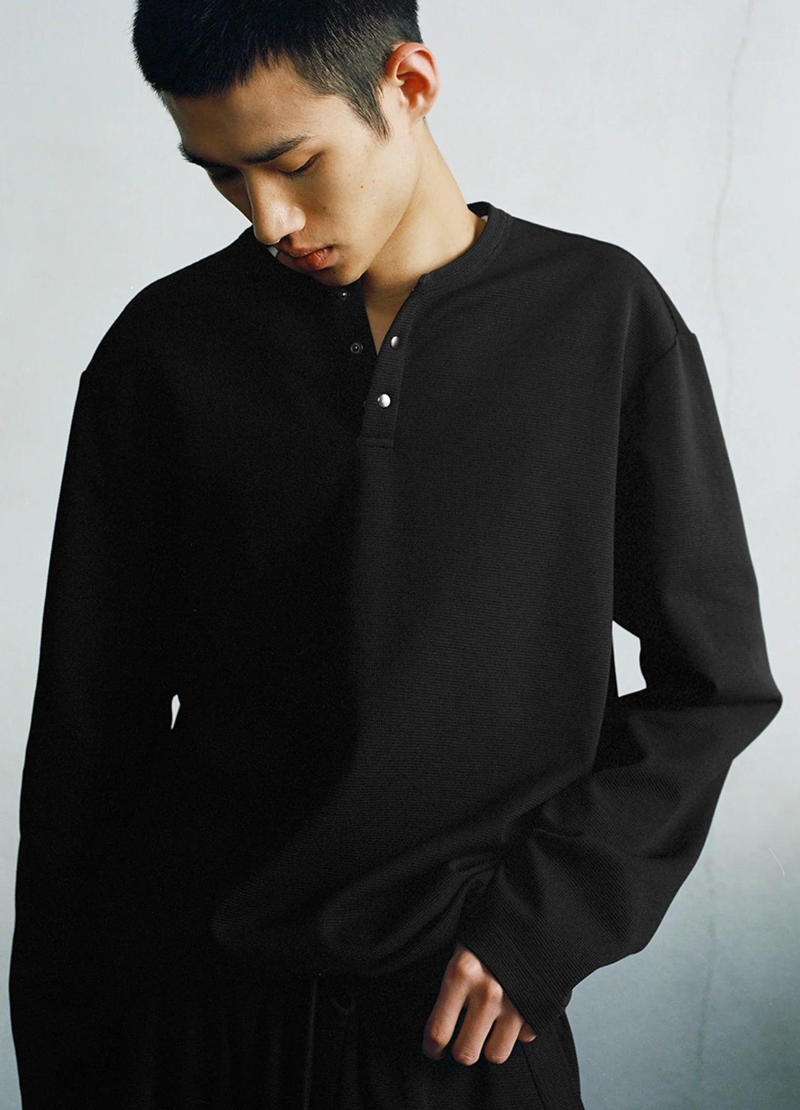 Unisex Waffle Knit Button-Up Long Sleeve Shirt - chiclara