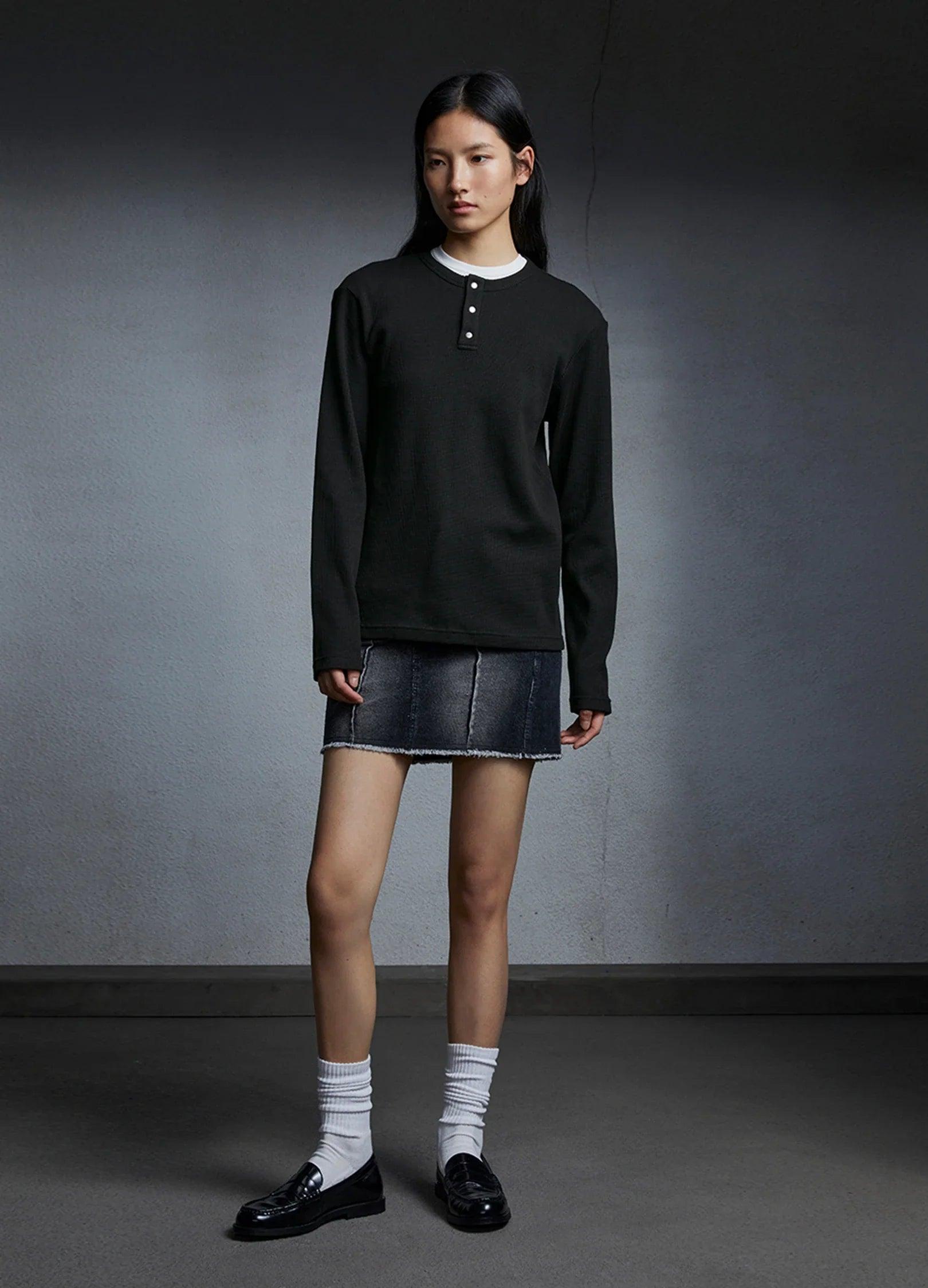 Unisex Waffle Knit Button-Up Long Sleeve Shirt - chiclara
